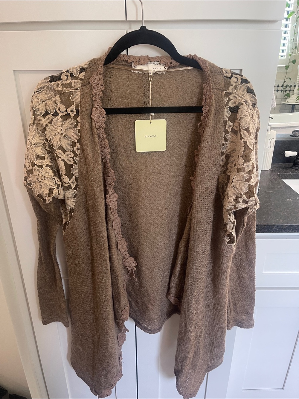 A'Reve Taupe Open-Front Cardigan with Cream Lace Shoulders NWT